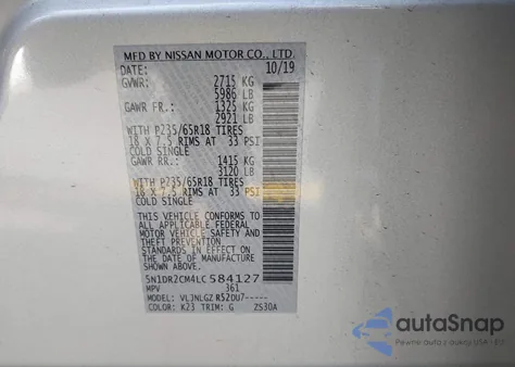 2020 Nissan Pathfinder Sl 4Wd z USA, uszkodzony, nr VIN 5N1DR2CM4LC584127